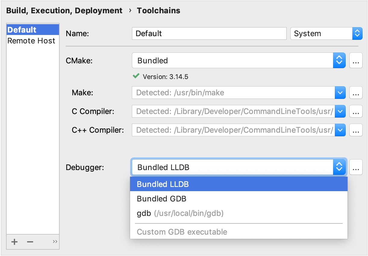 Selecting debugger in the toolchain settings