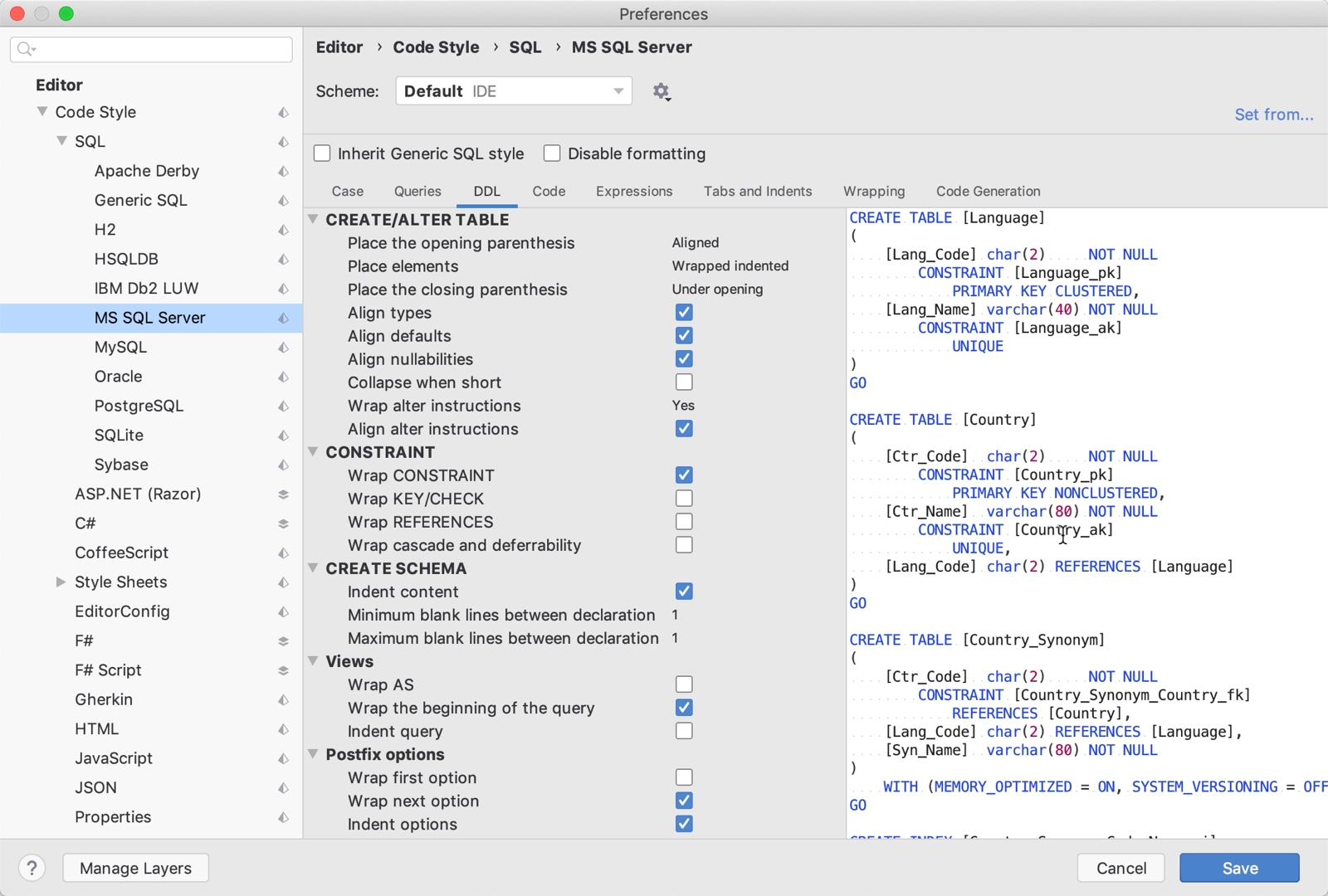 DDL style settings