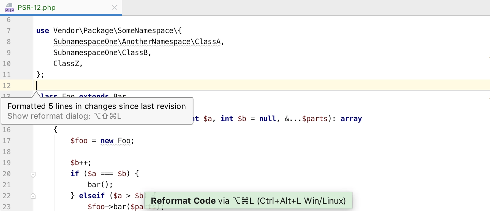 phpstorm format code psr