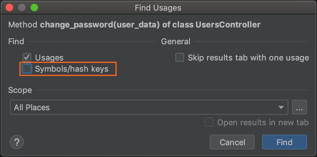 Find Usages settings: disable symbol/hash
