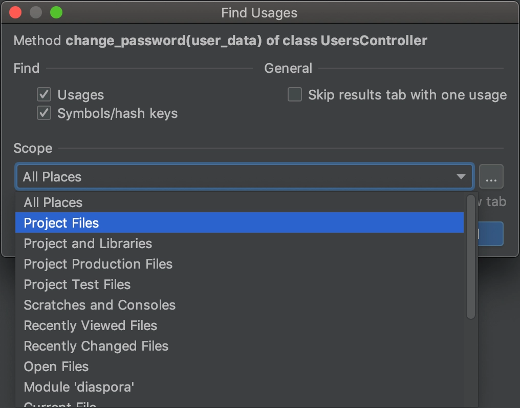 Find Usages settings: scopes