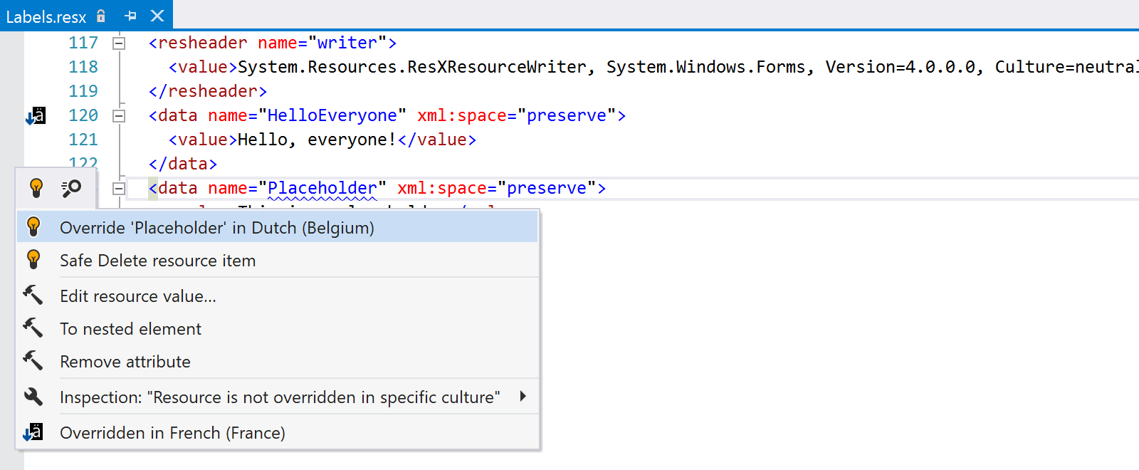 Context action in ResX file to override resource value in different culture