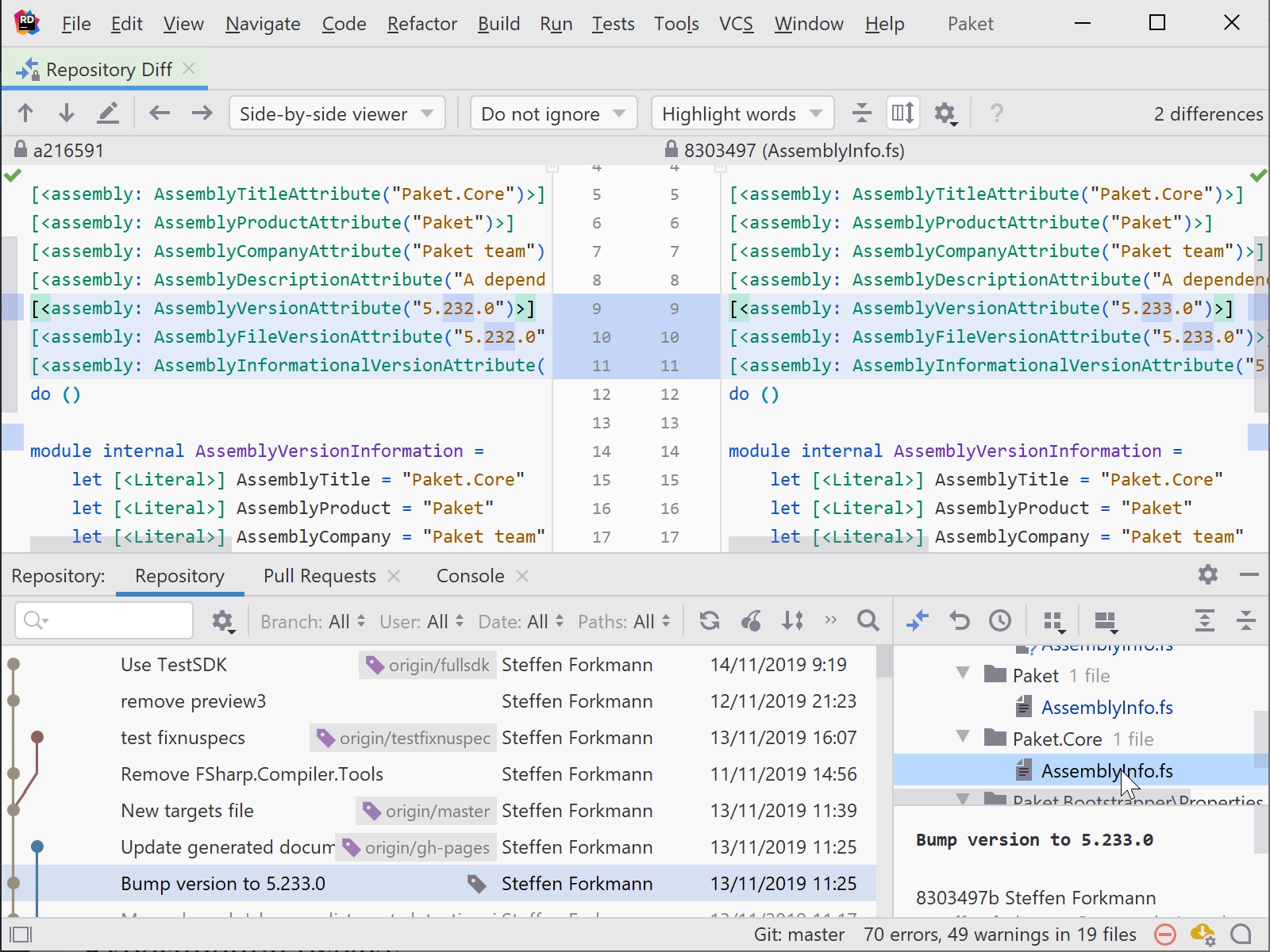 In-editor diff gives more screen real estate to display diff results