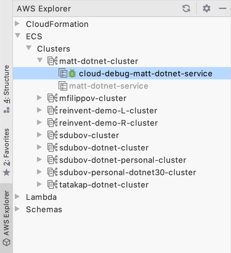 AWS Explorer showing an ECS service with Cloud Debugging enabled