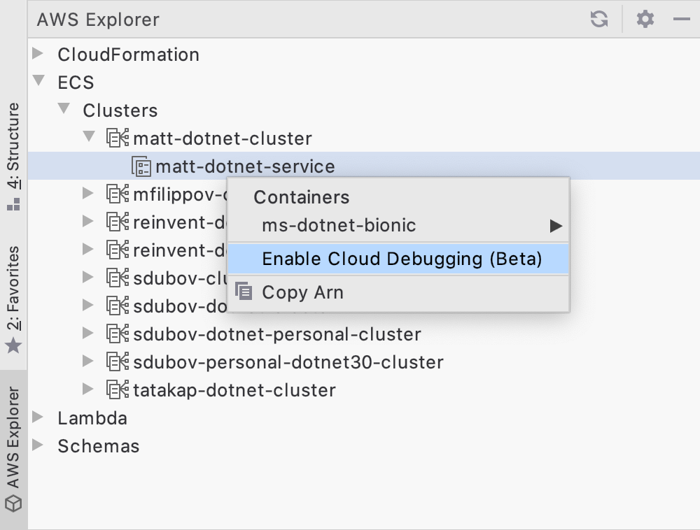 Enable cloud debugging on ECS context menu