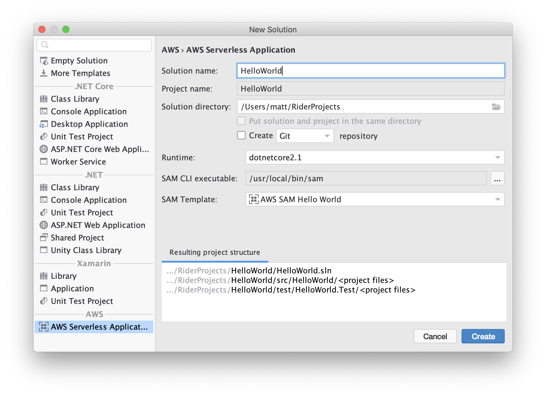 AWS project template dialog