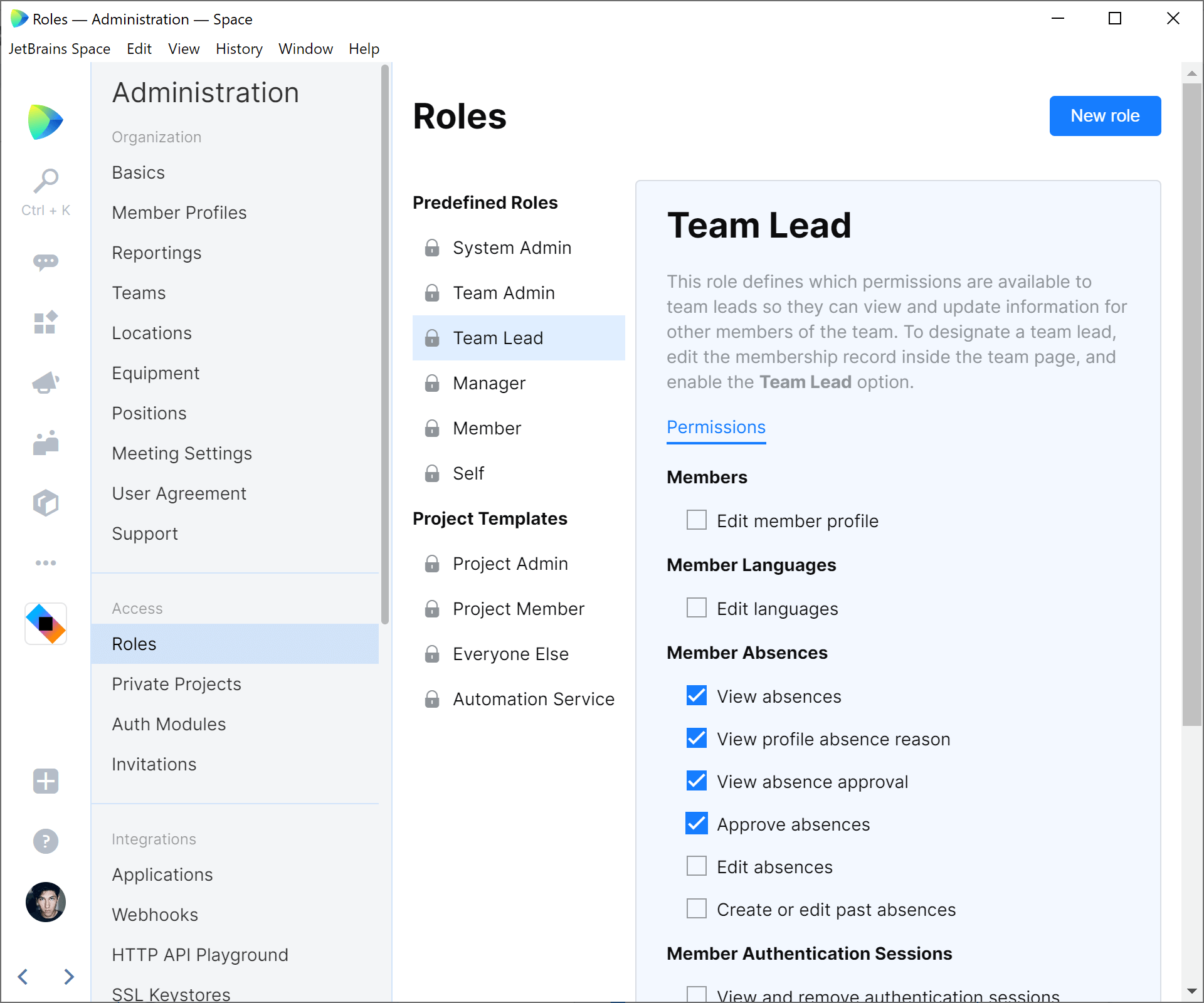 Default permissions for these roles can be configured from the Space administration dashboard.