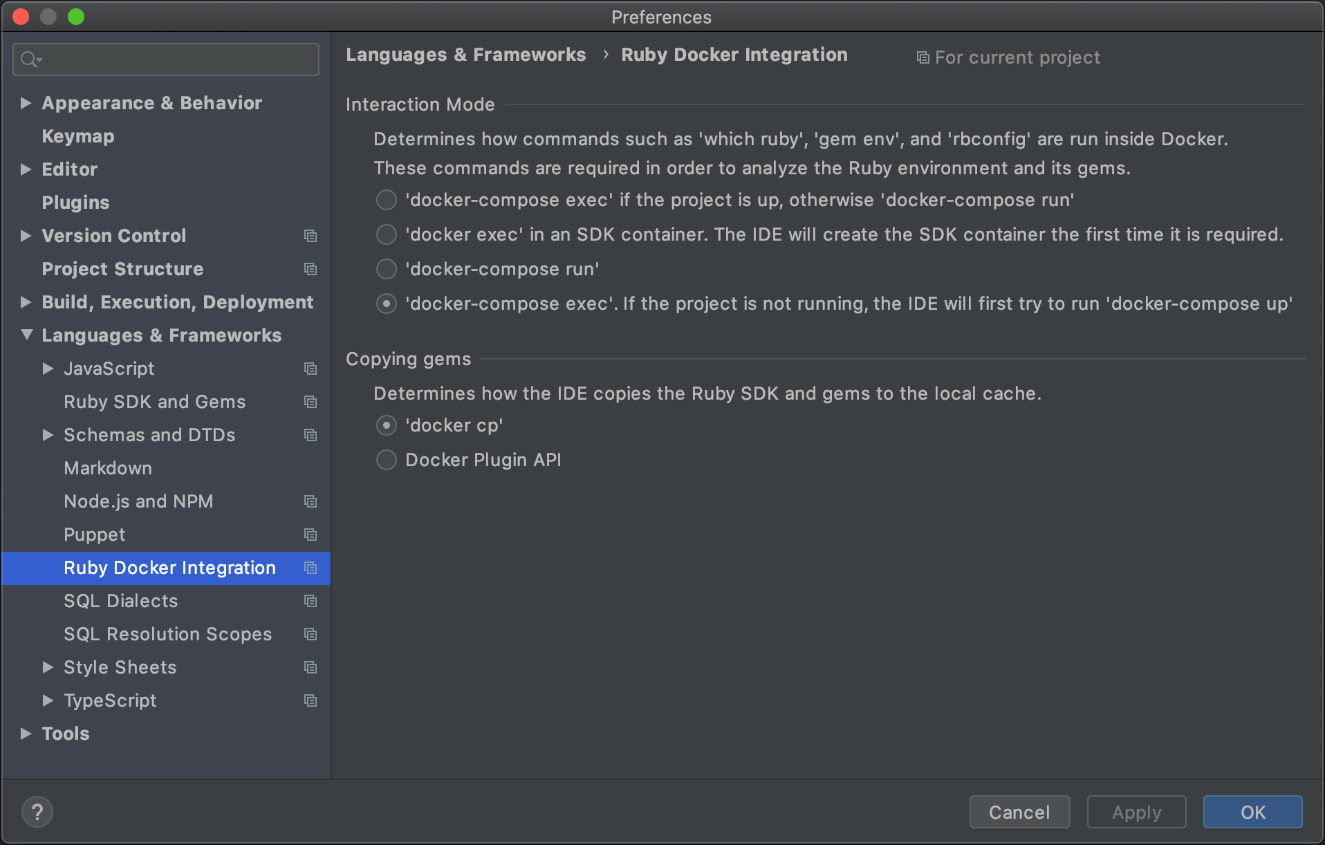 Ruby Docker Integration settings