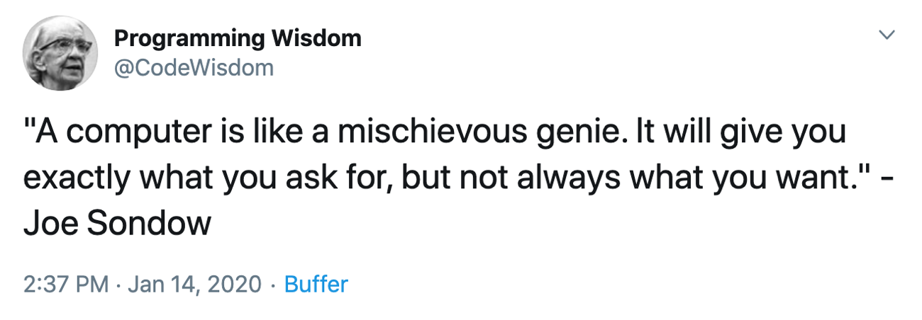 'A computer is like a mischievous genie. It will give you exactly what you ask for, but not always what you want.' - Joe Sondow