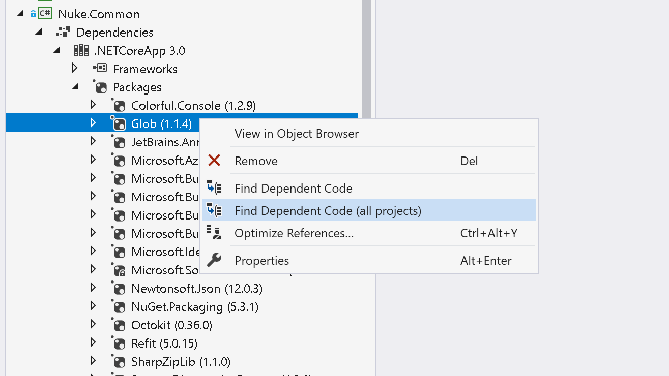 Find dependent code for NuGet packages