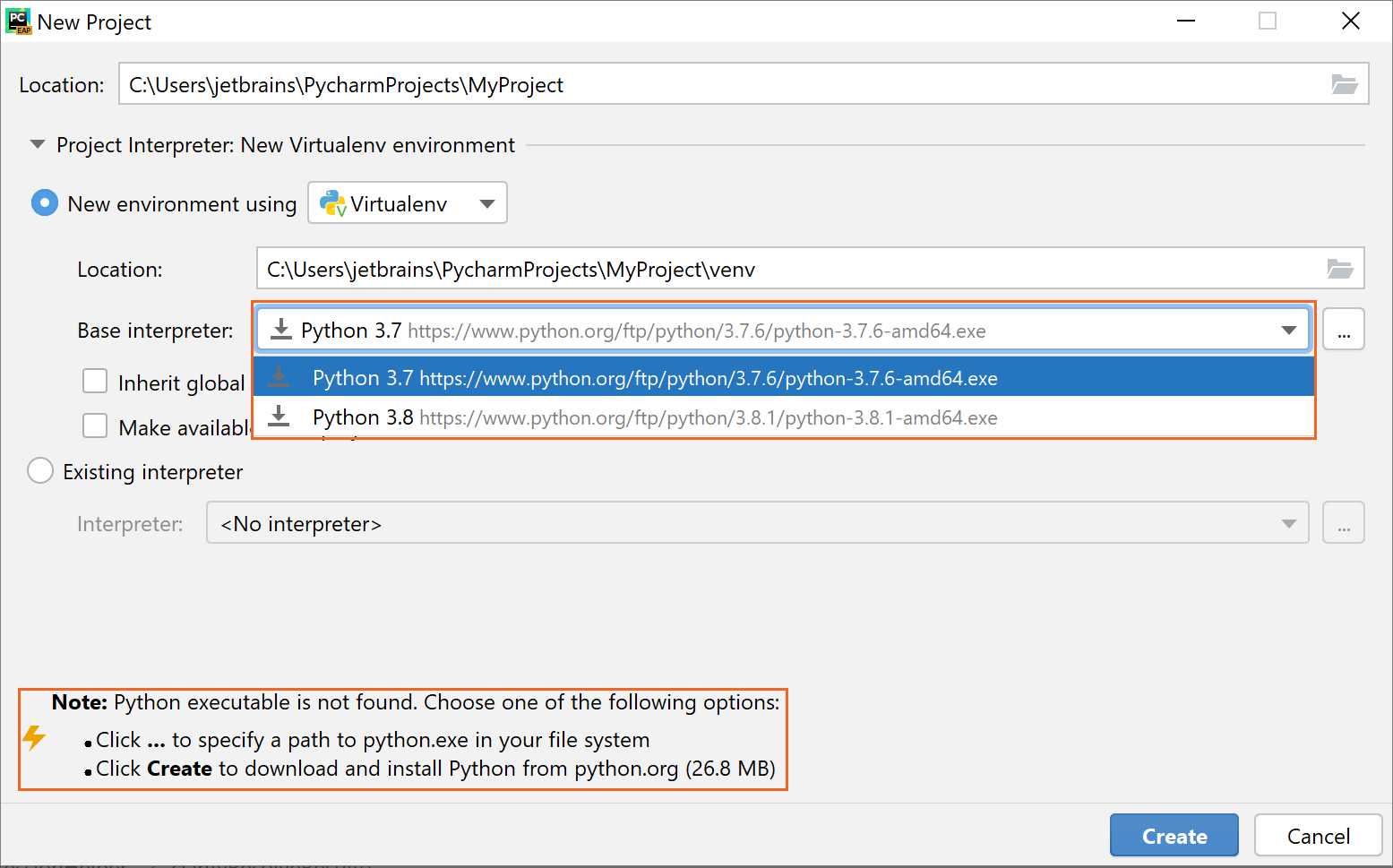 PyCharm detects if Python is installed 