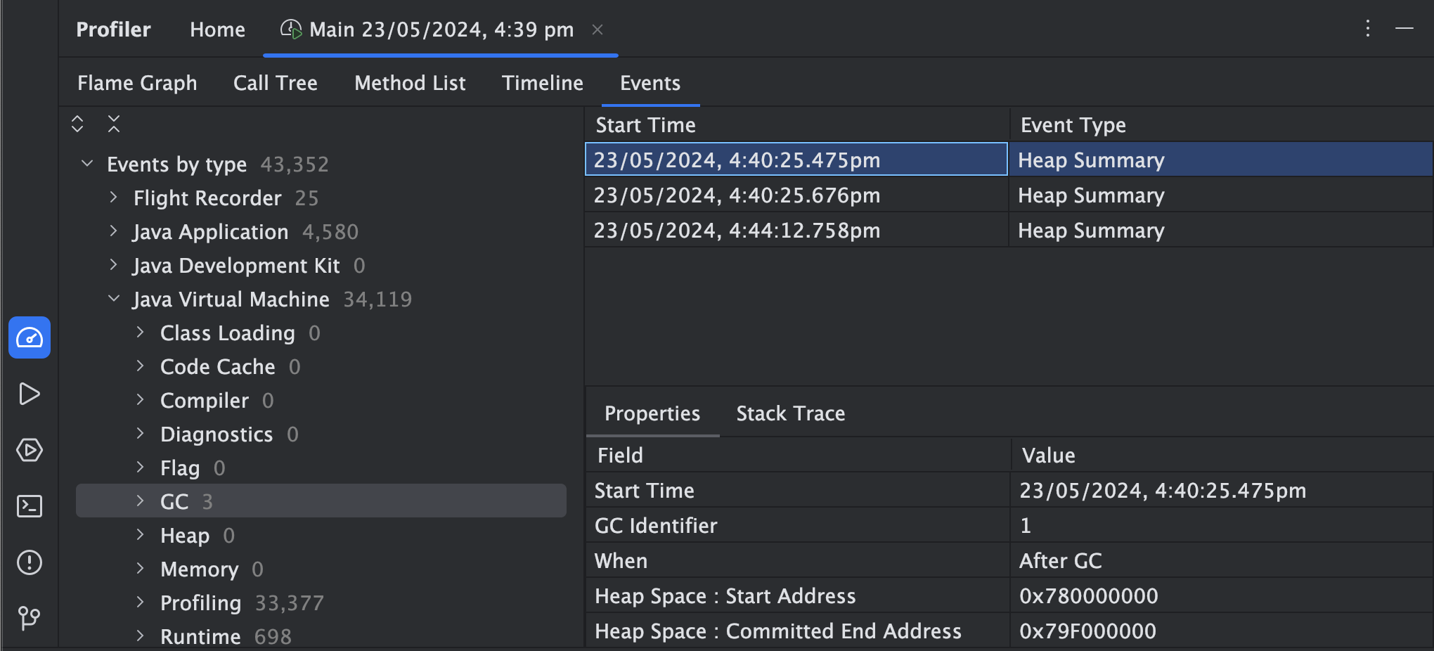 Events view in IntelliJ Profiler