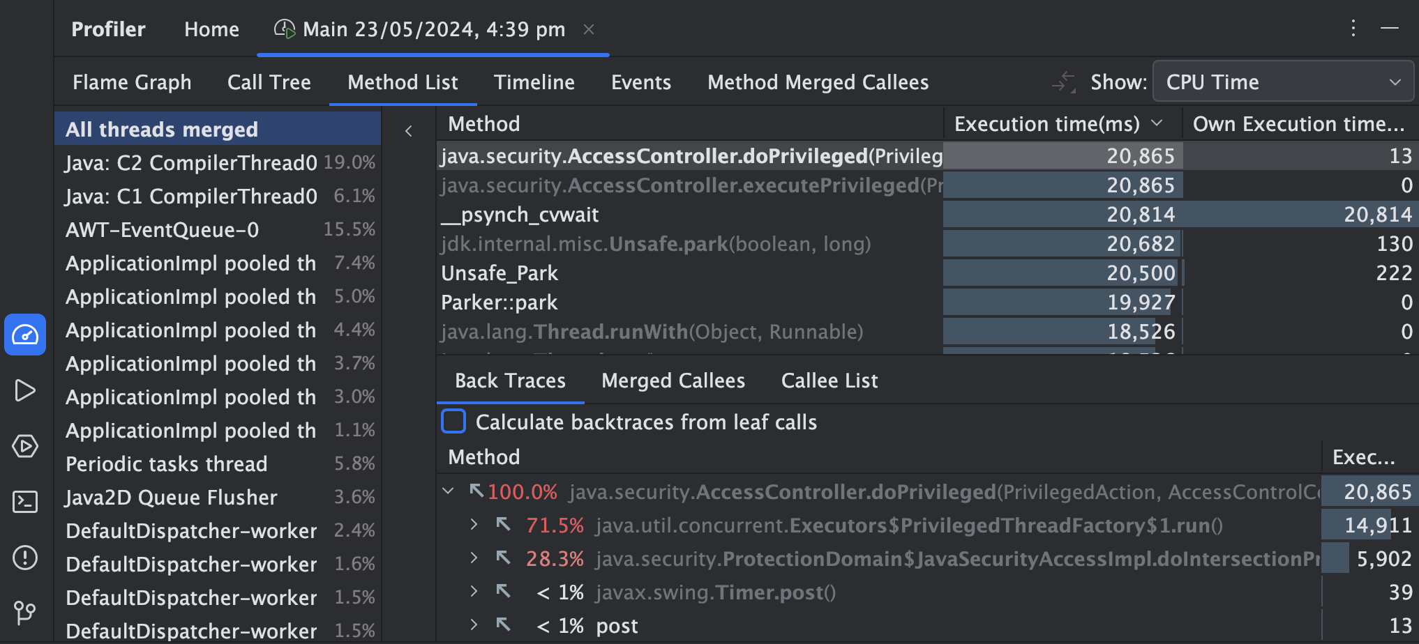 Method List view in IntelliJ Profiler