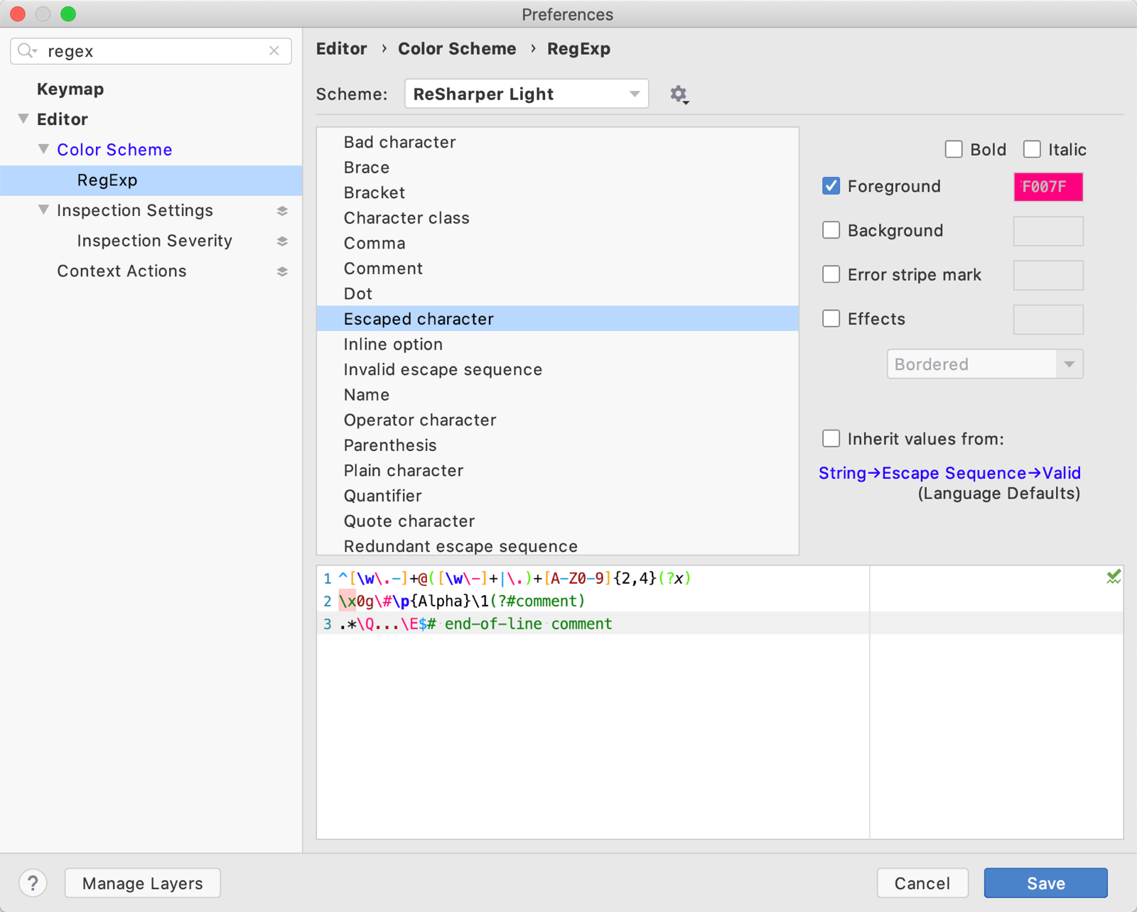 Regular expressions settings