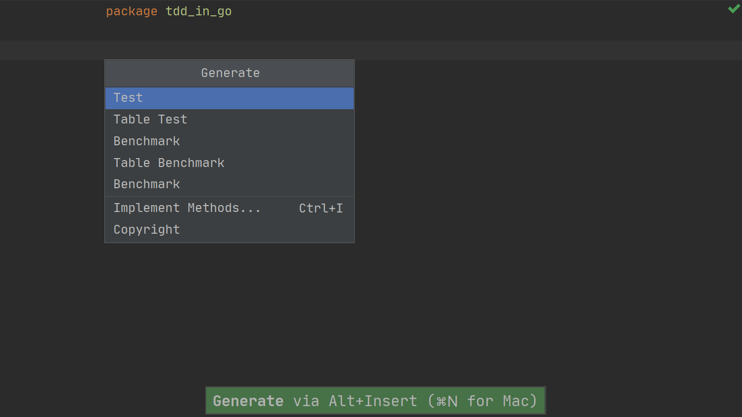 TDD dans GoLand - 01 - menu generate