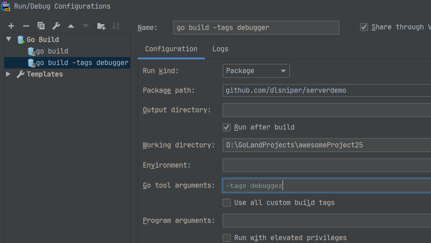 debugger - run configuration