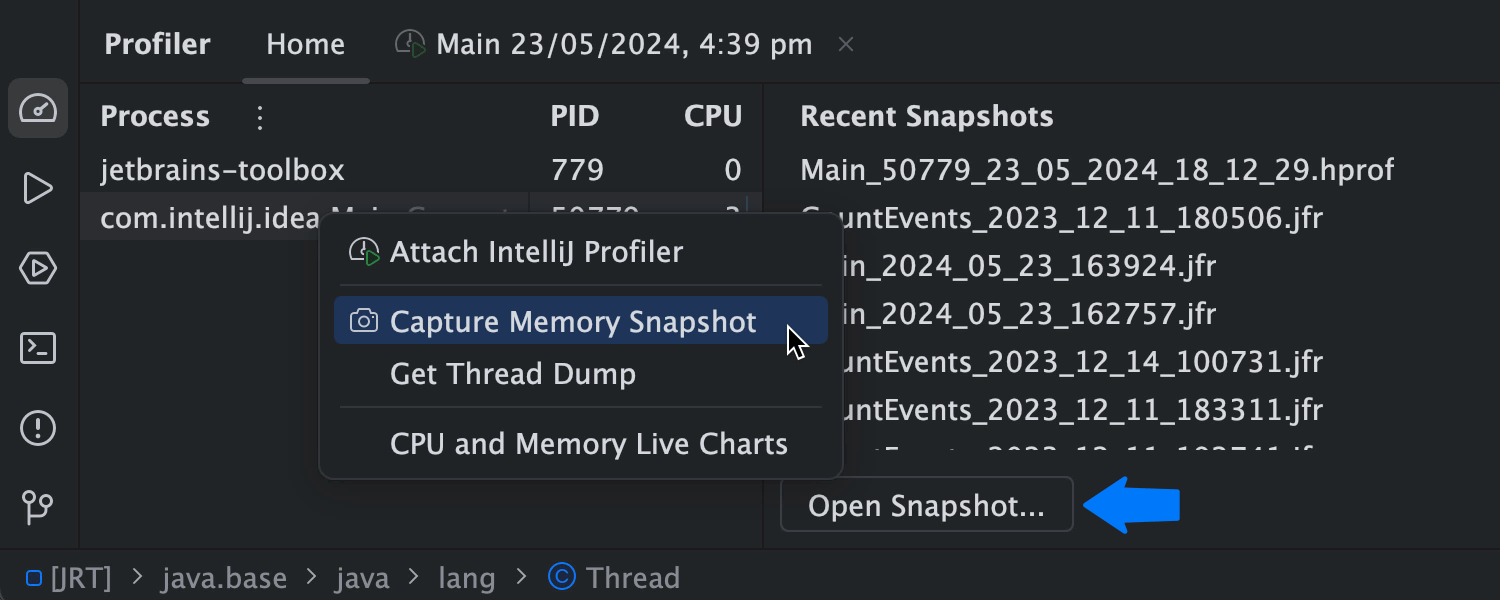 Capture Memory Snapshot in IntelliJ Profiler