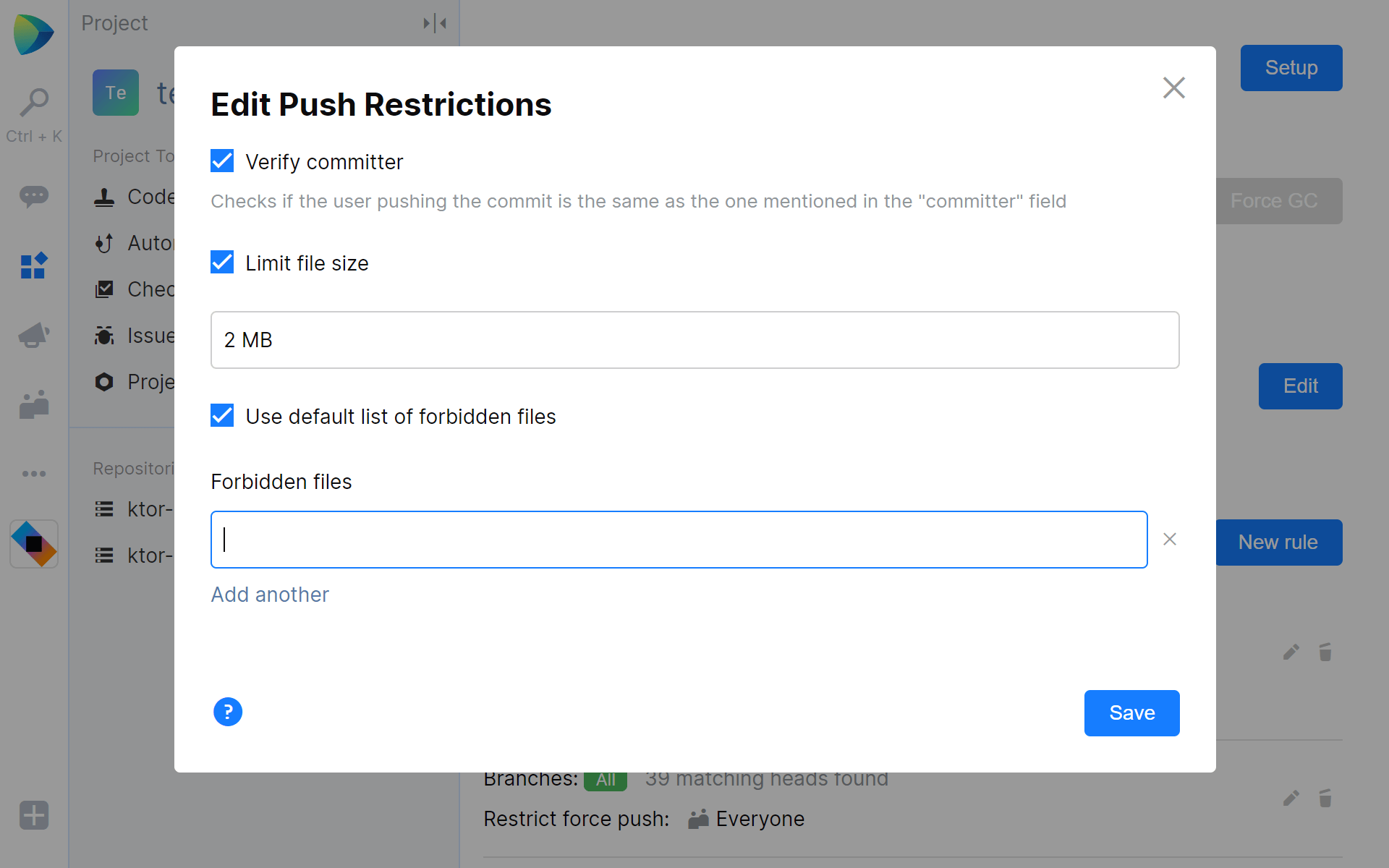 Push restrictions in Space Git repositories