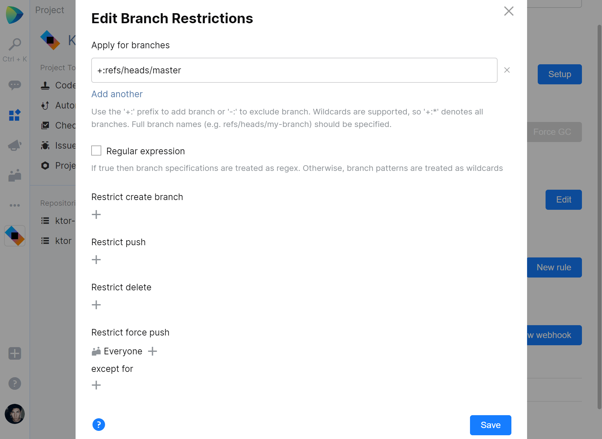 Restrict force push to Git repository in JetBrains Space