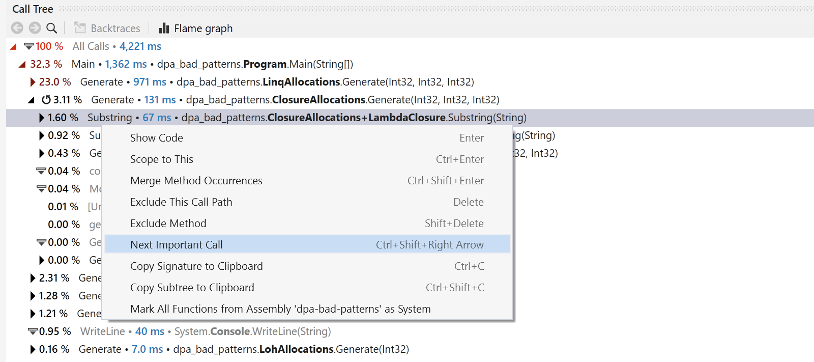 Next Important Call action in Call Tree