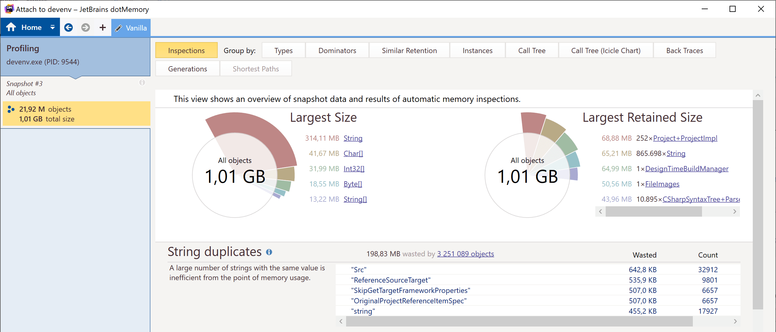 String duplicates, shown in dotMemory