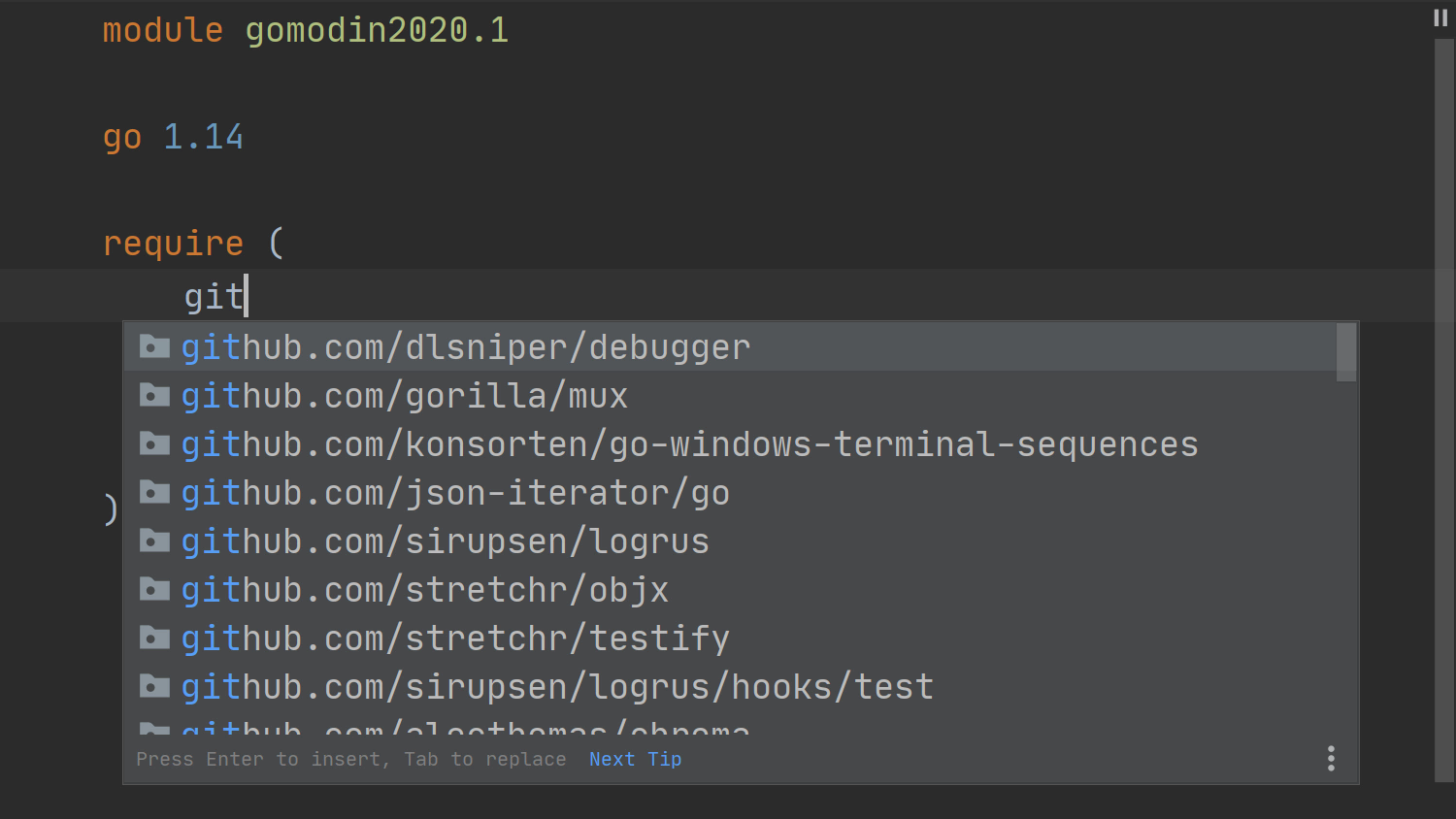 Module import path completion in require directive