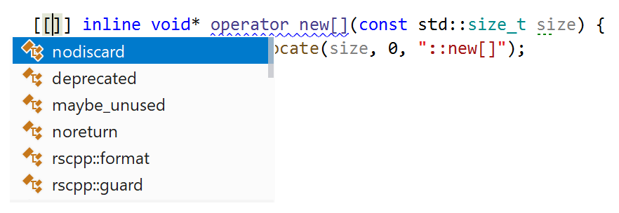 The completion list now suggests standard C++ attributes