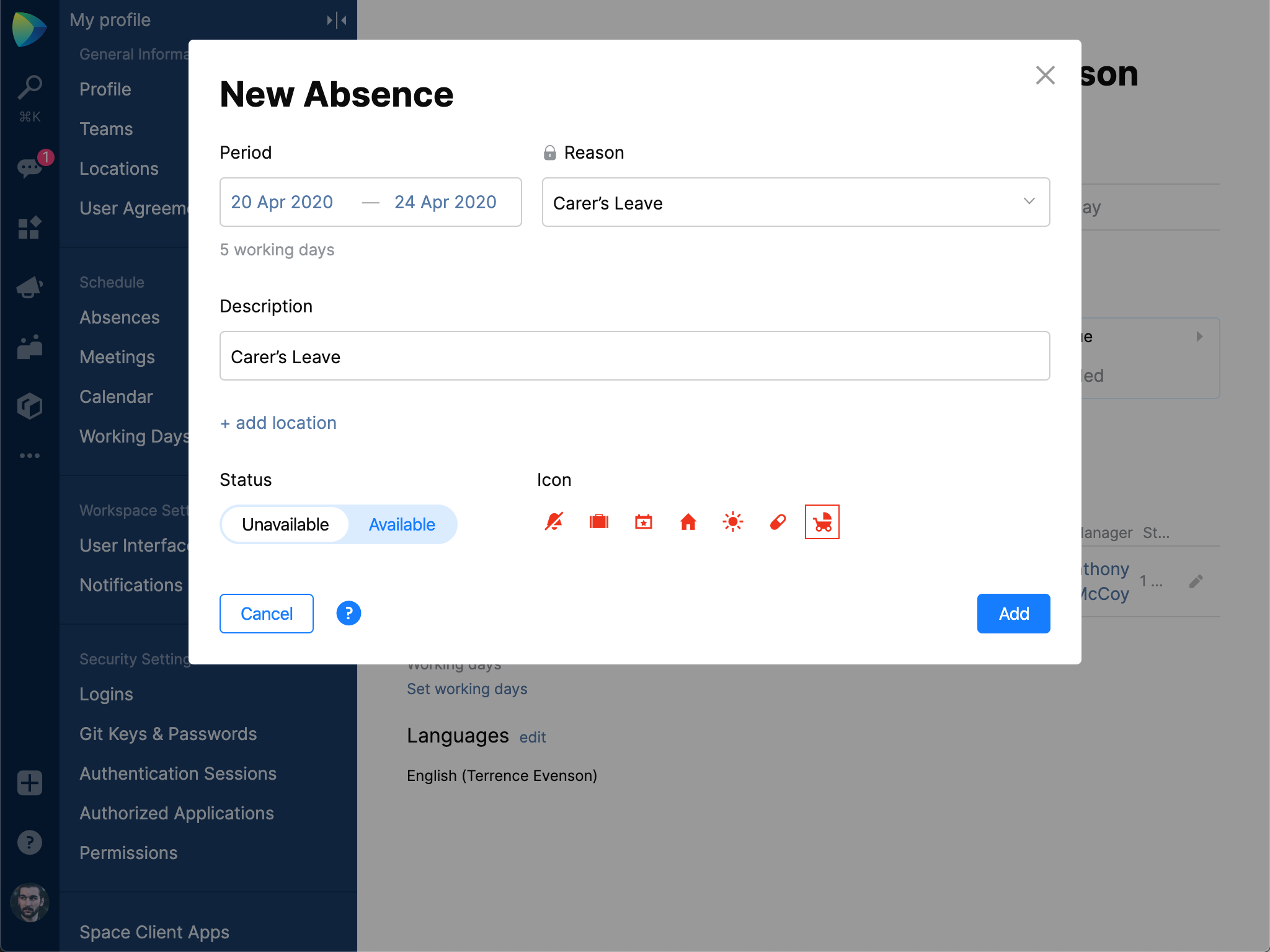 New absence dialog