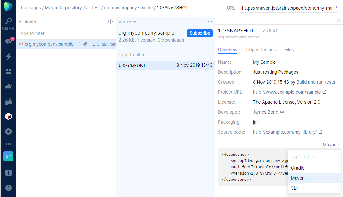 JetBrains Space. Explore Maven repository in Packages