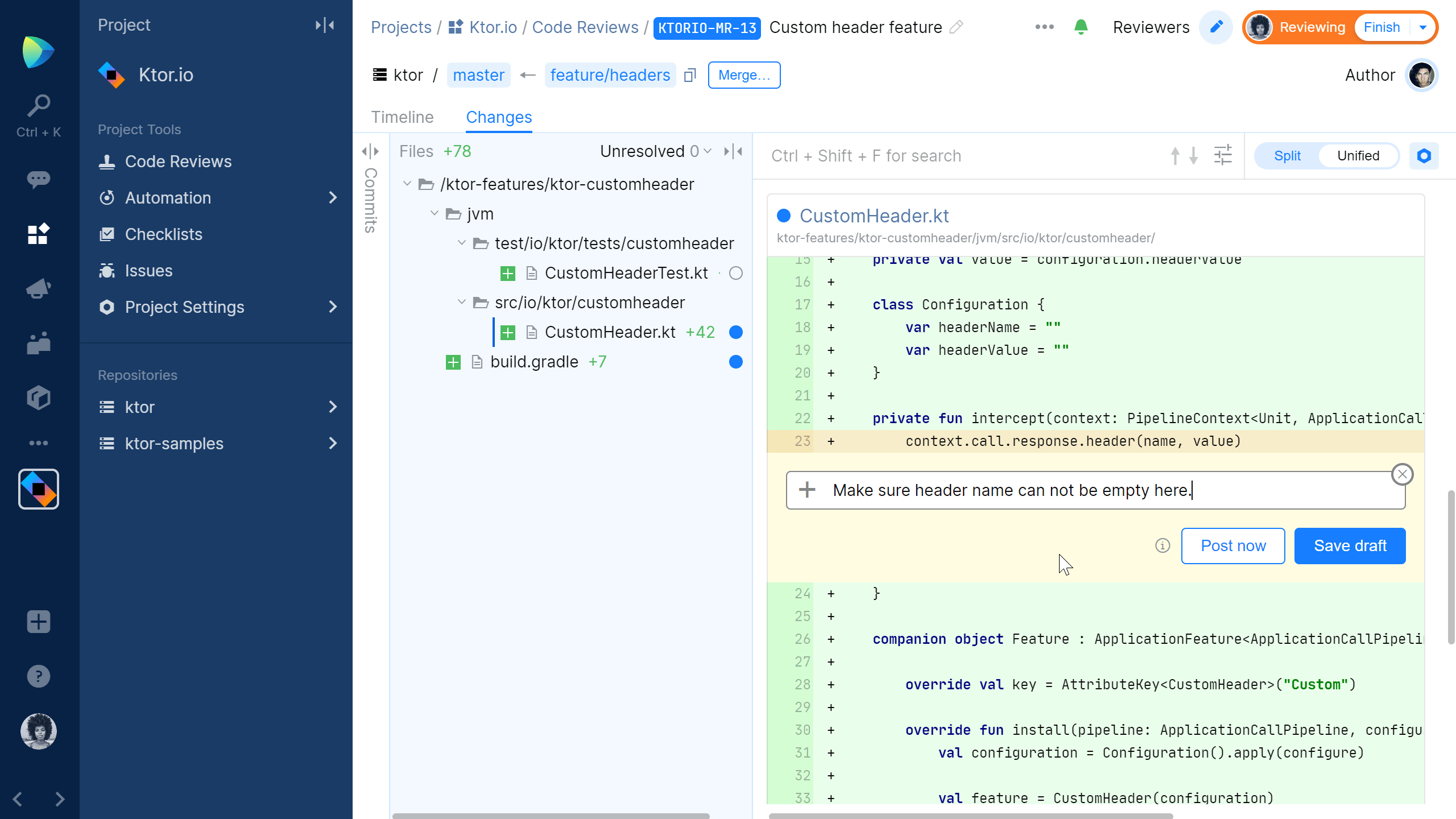 Reviewer sees code, and can read and add comments