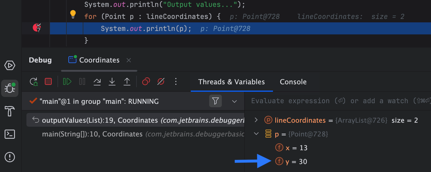 Breakpoint value result in IntelliJ IDEA