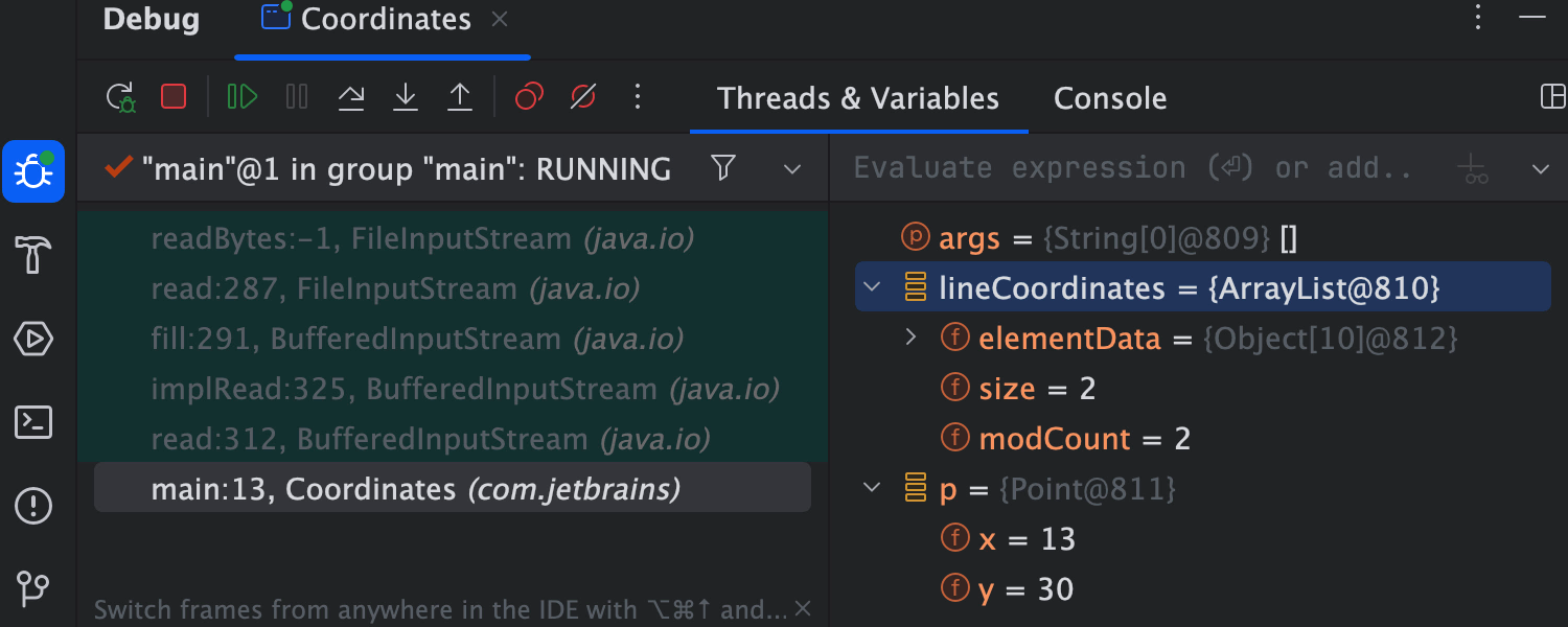 Debugger interface in IntelliJ IDEA