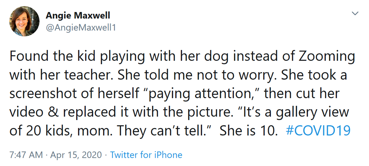 Found the kid playing with her dog instead of Zooming with her teacher. She told me not to worry. She took a screenshot of herself “paying attention,” then cut her video & replaced it with the picture. “It’s a gallery view of 20 kids, mom. They can’t tell.”  She is 10.  #COVID19