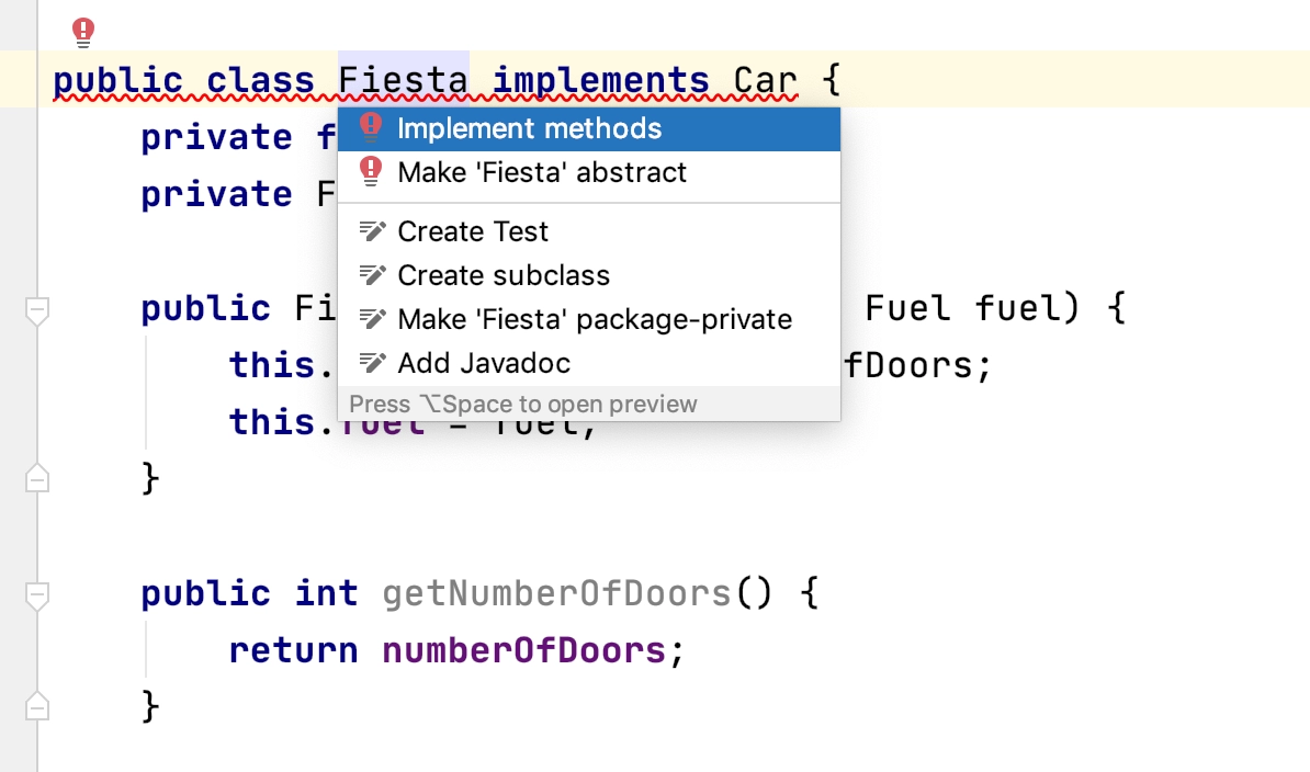 IntelliJ IDEA offers to generate the methods from an interface