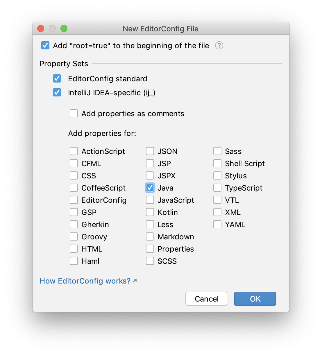 Screenshot of settings for editor config file