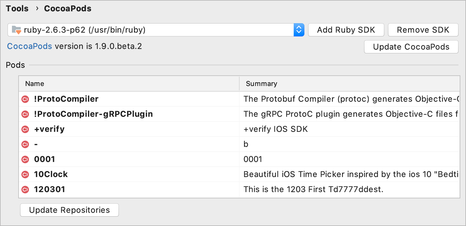 Cocoapods list