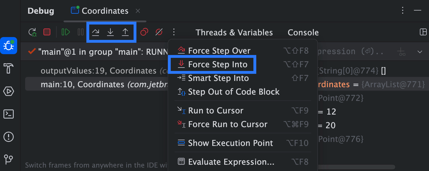 Step actions in Debugger