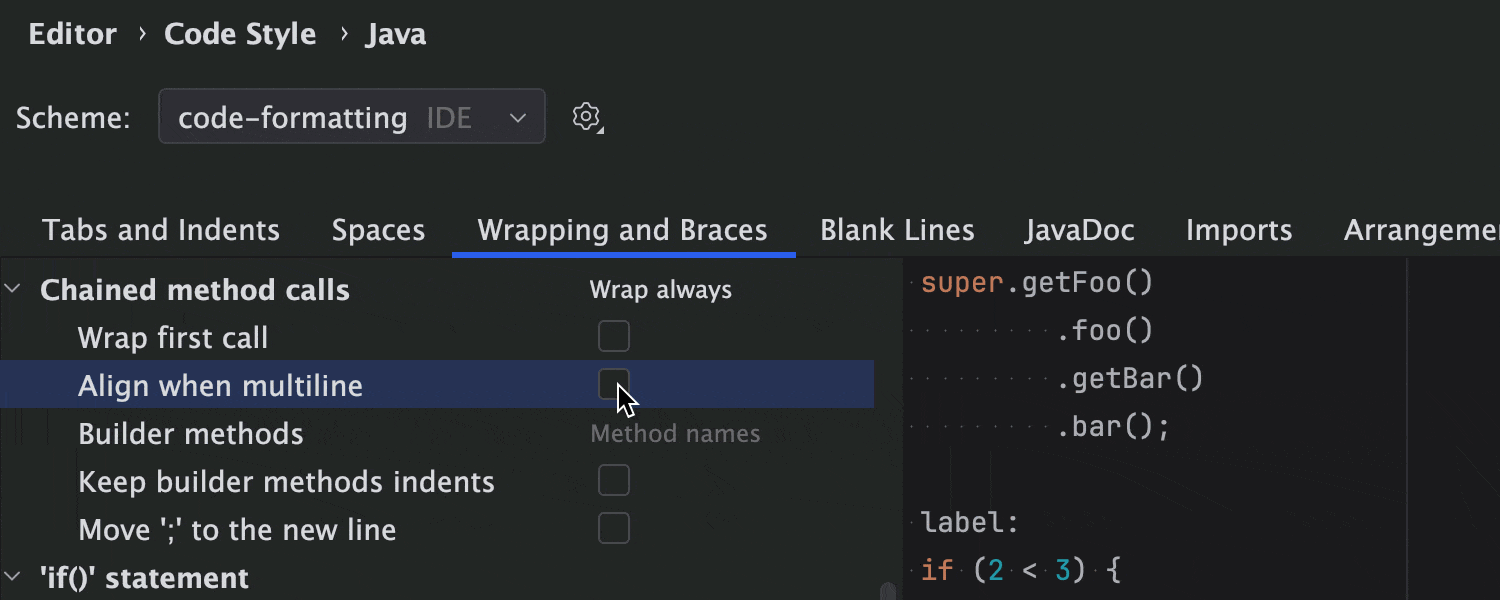 Java Code Style: Wrapping and Braces > Chained method calls > Align when multiline