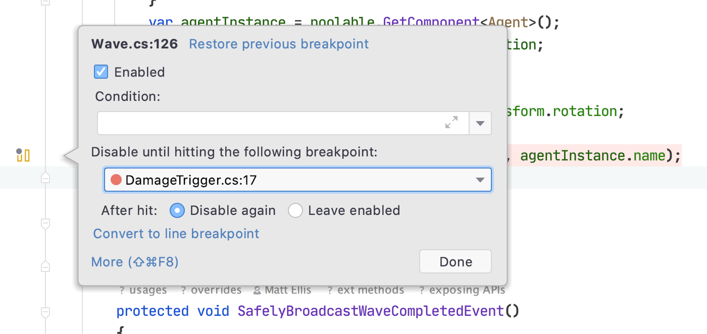 Viewing the configuration for a pausepoint with a dependency on another breakpoint