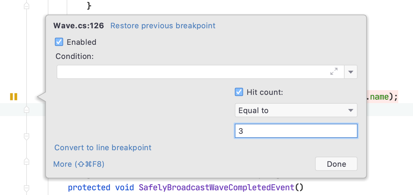 Viewing the configuration for a pausepoint with a hit count set to 3