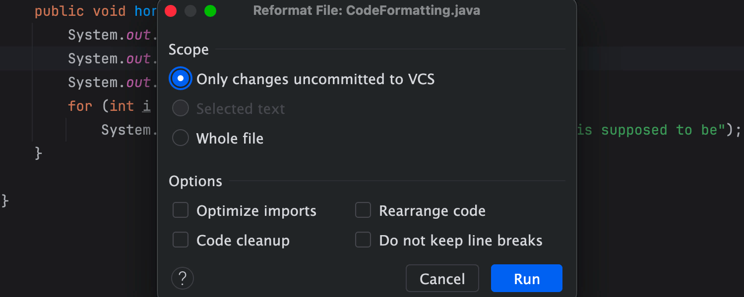 Reformat File changes scope: Only changes uncommitted to VCS