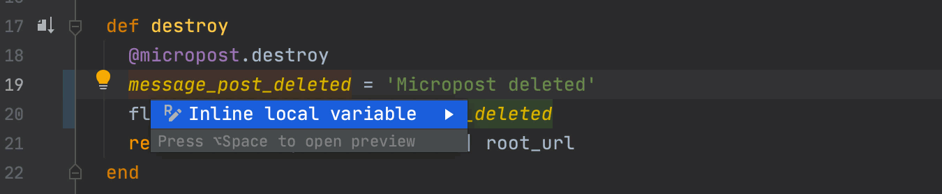 Inline local variable intention action