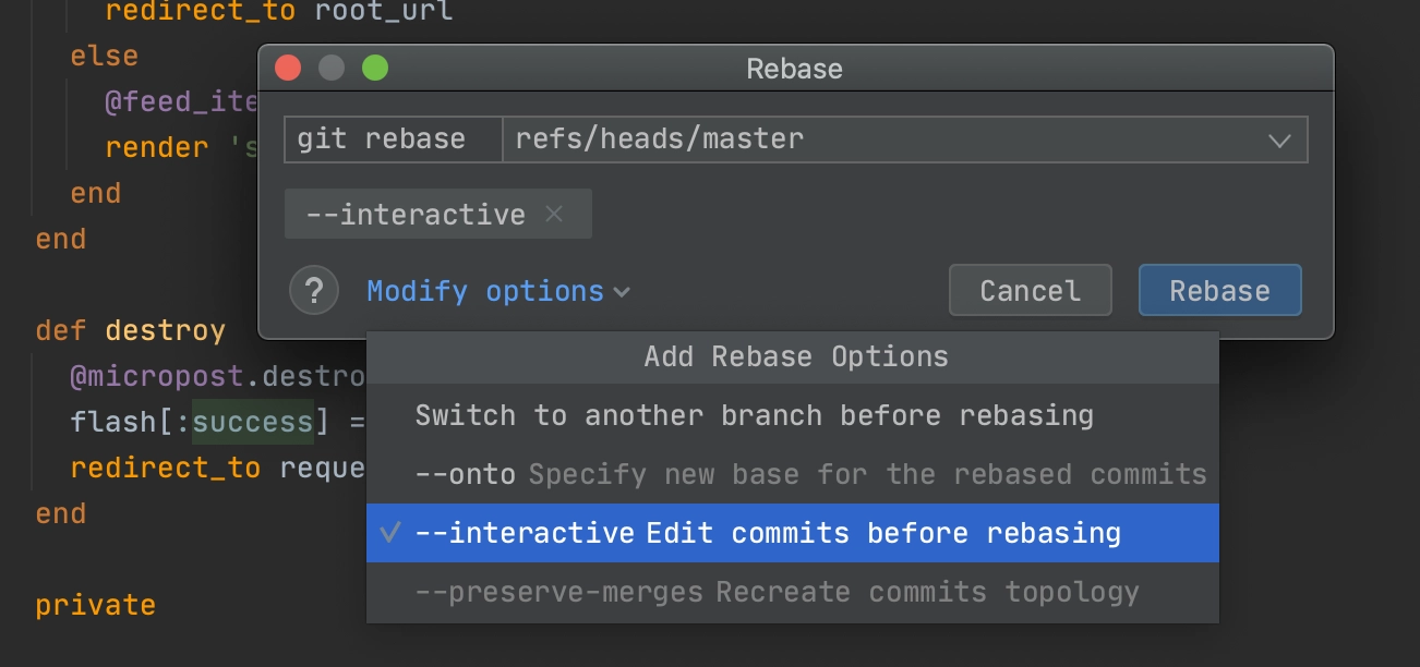 Git Rebase dialog