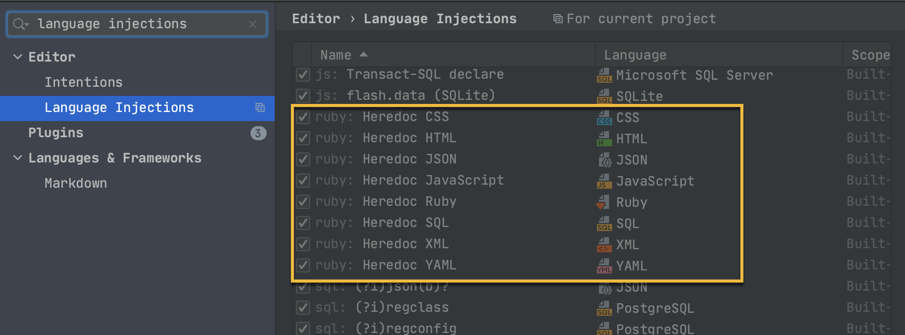 Heredoc injections settings