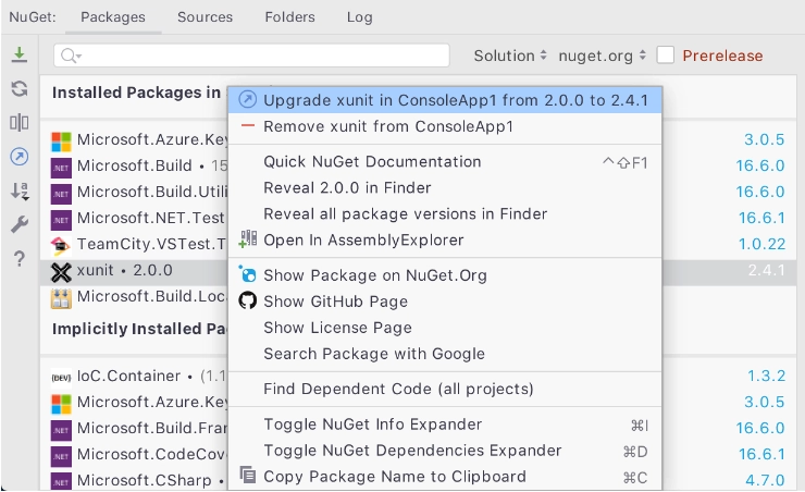 NuGet Package Context Menu