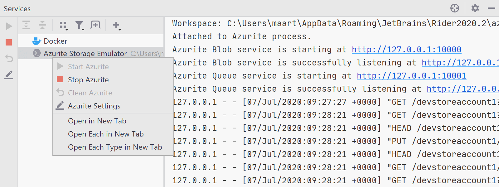 Azurite Storage Emulator in Rider Services Tool Window