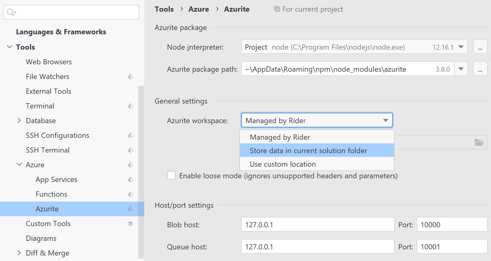 Azurite Settings