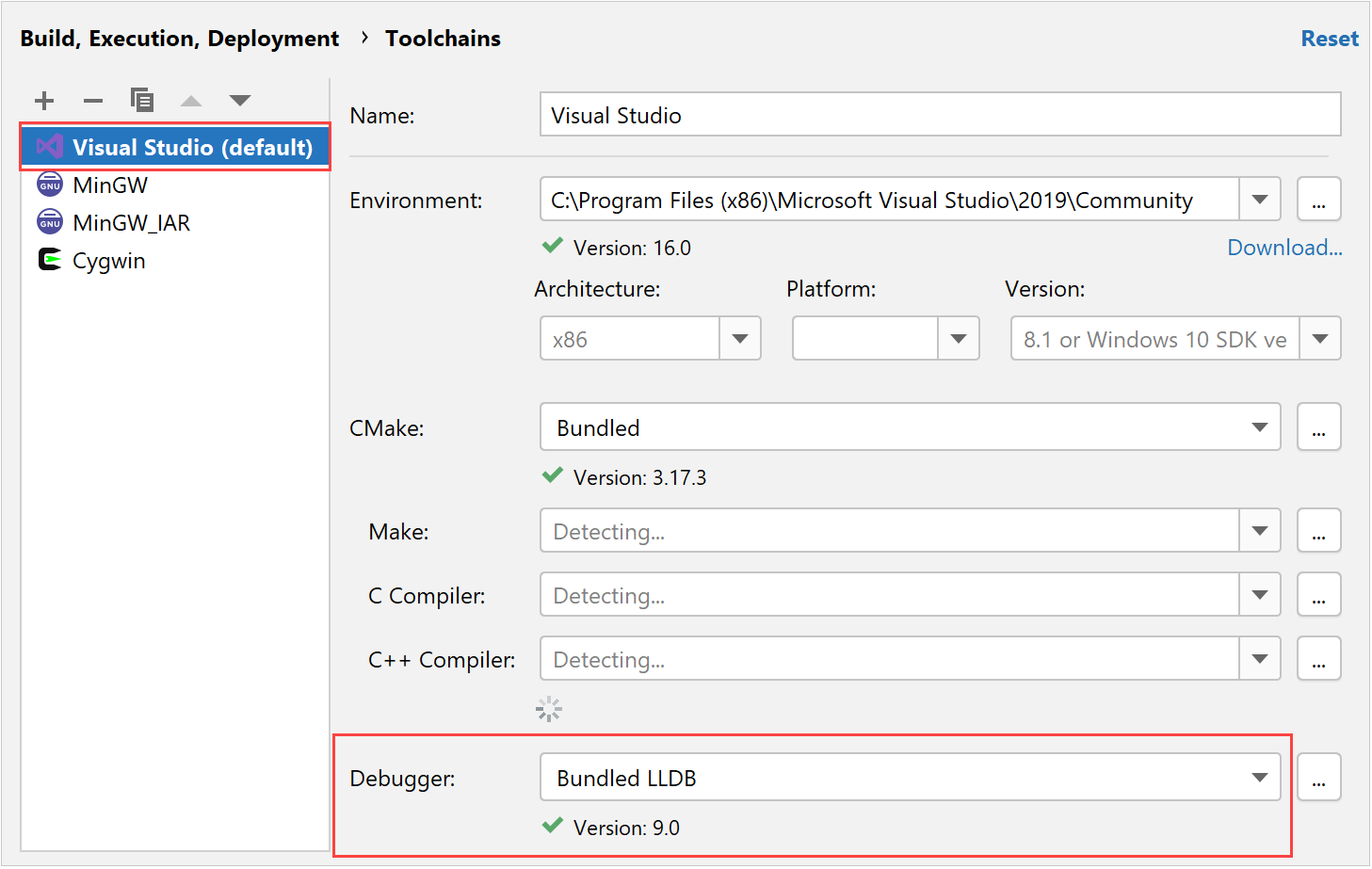 Visual Studio toolchain in CLion