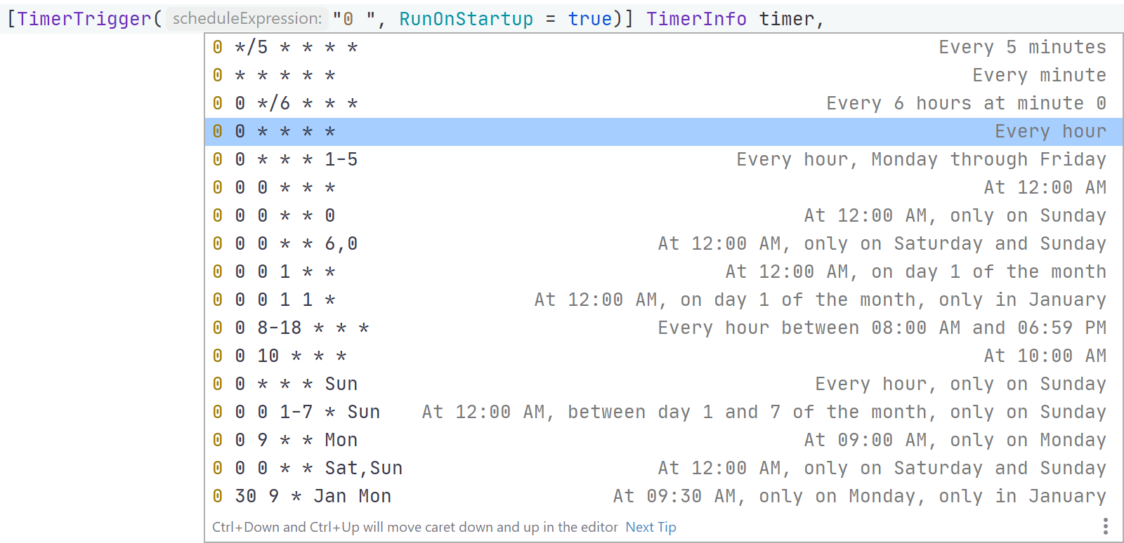 TimerTrigger NCrontab expression completion