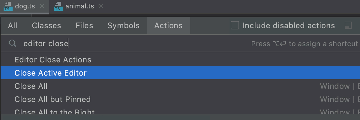 Find actions and run them from the Search Everywhere popup